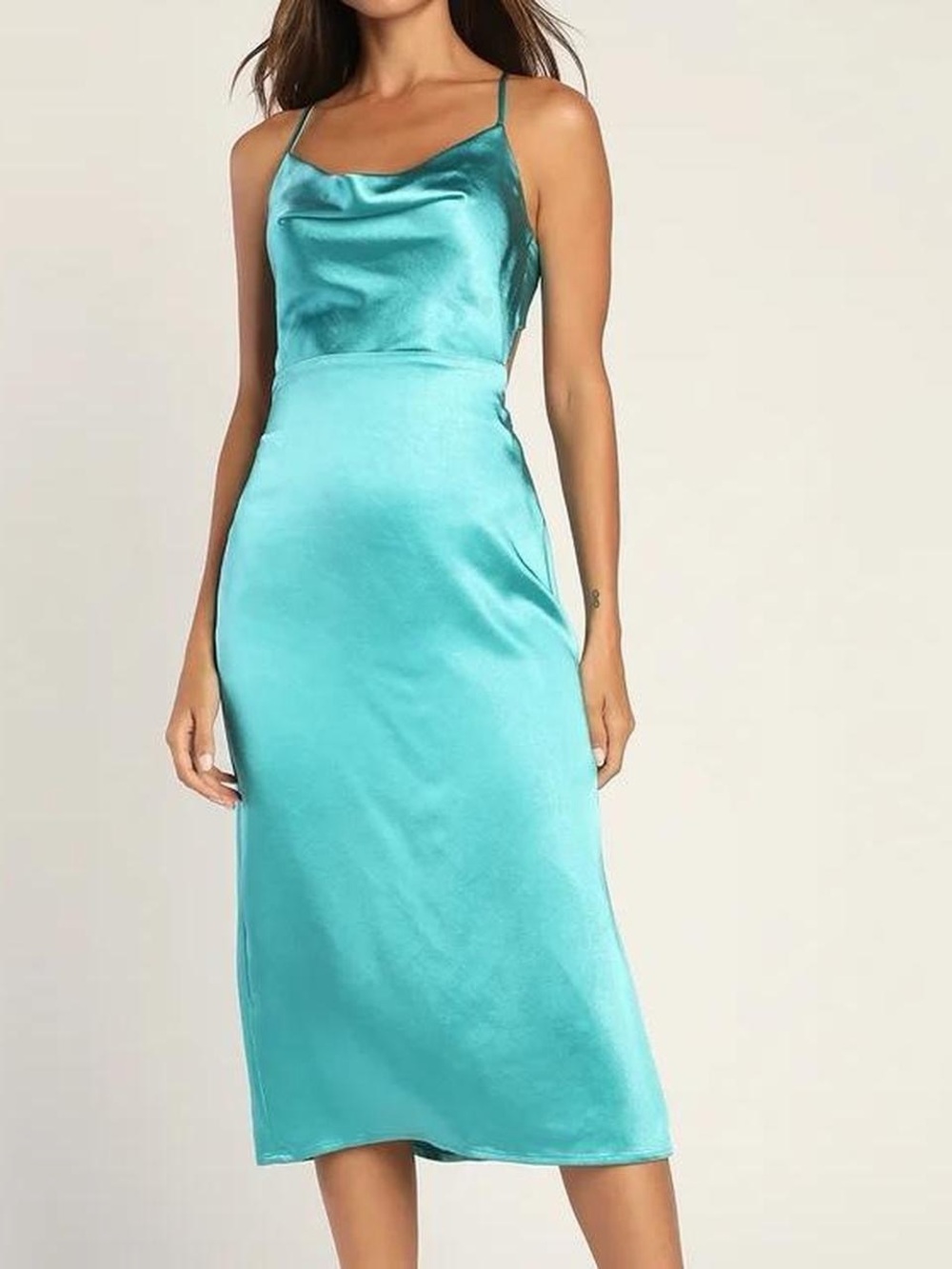 Lulu's Turquoise Satin Cowl Neck Midi Dress